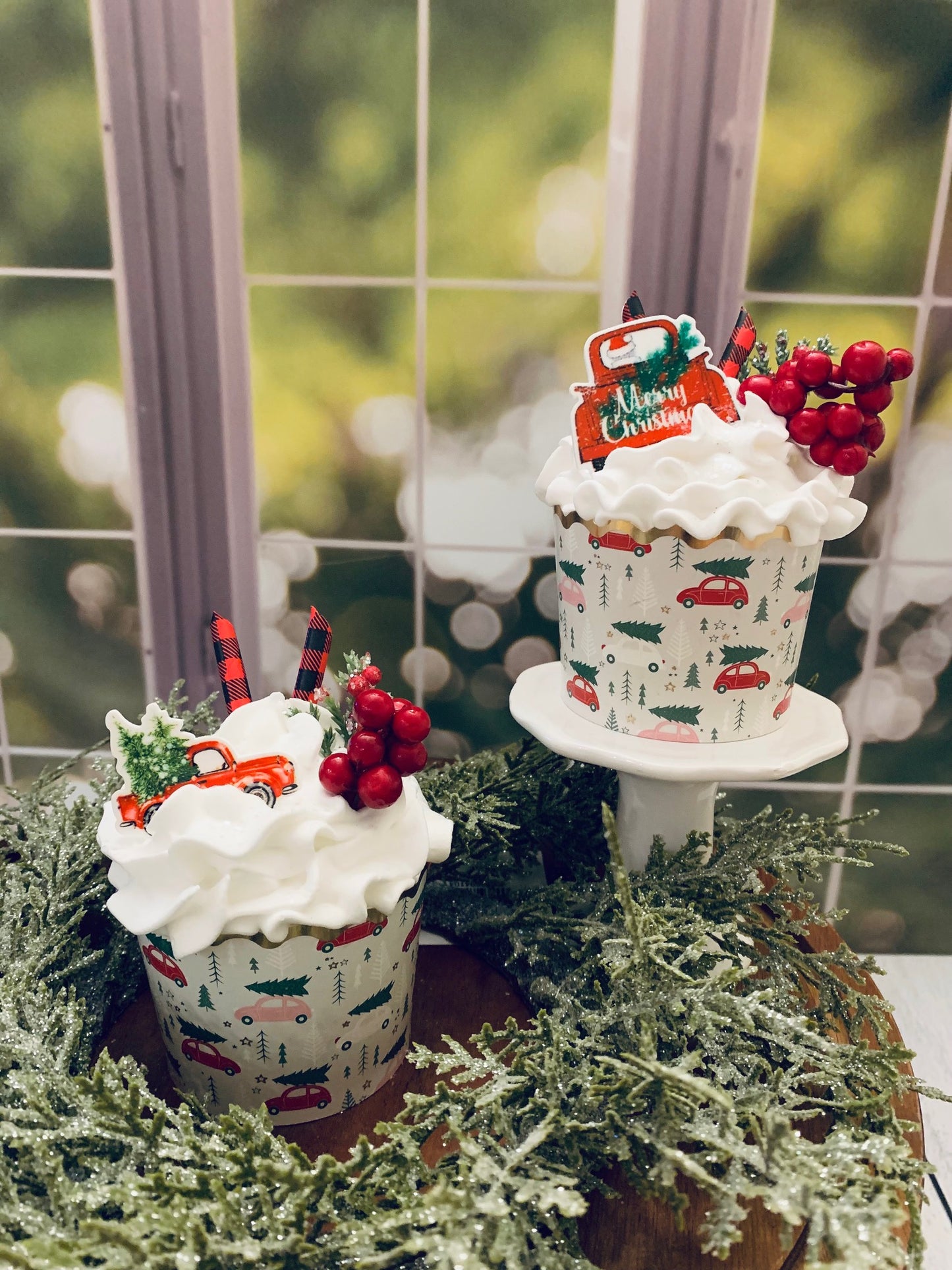 Christmas Farmhouse Faux Cupcakes- Tiered Tray Displays- Hutch Displays