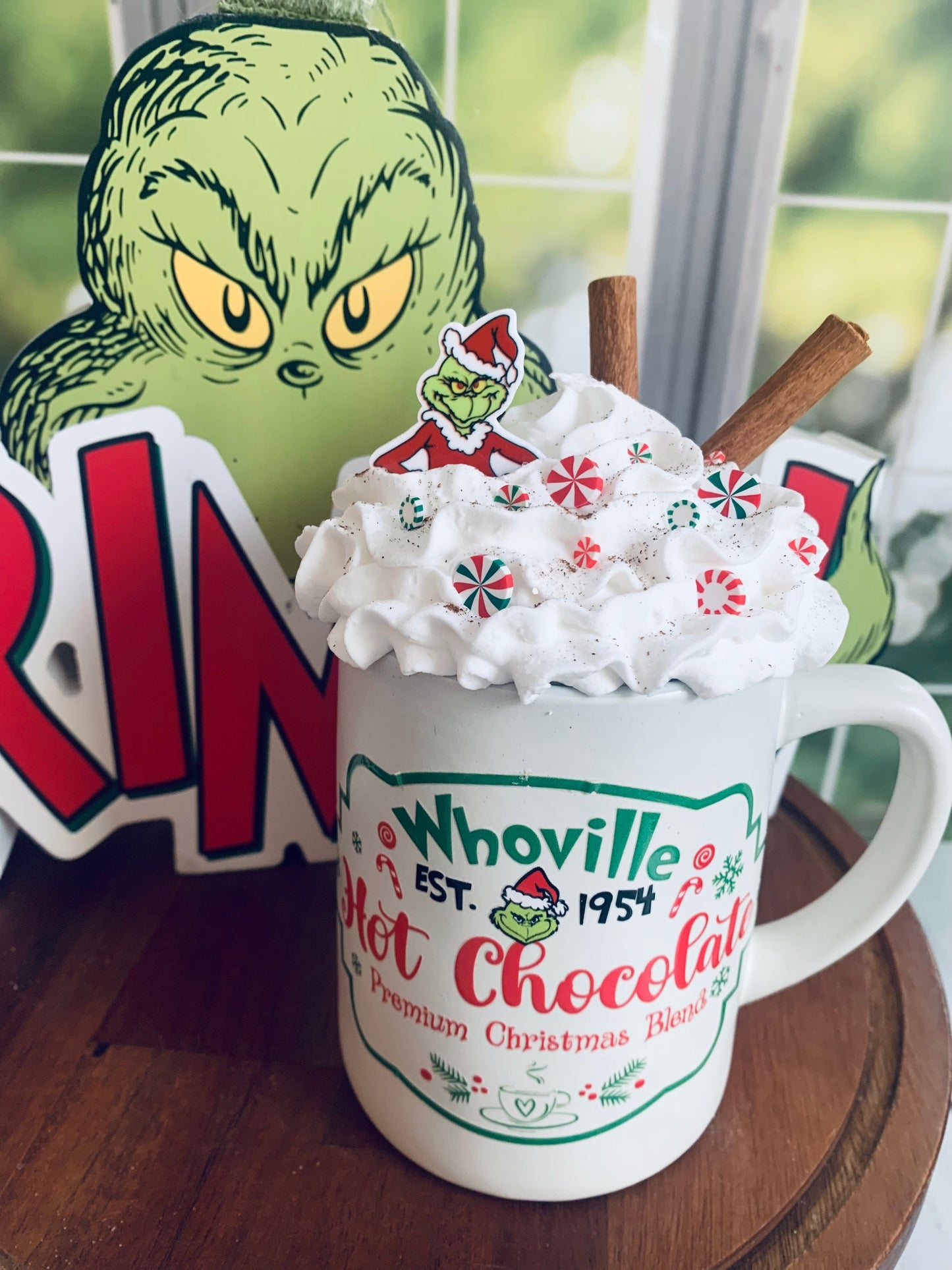 Grinch Mug- Faux Hot Chocolate- Christmas Decor