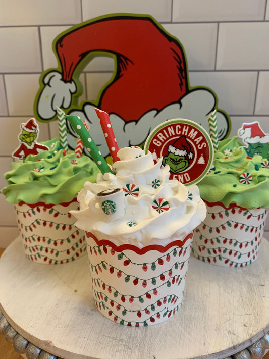 Christmas Decor- The Grinch Faux Cupcakes- Christmas Tiered Tray Decor- Food Props- Christmas gifts