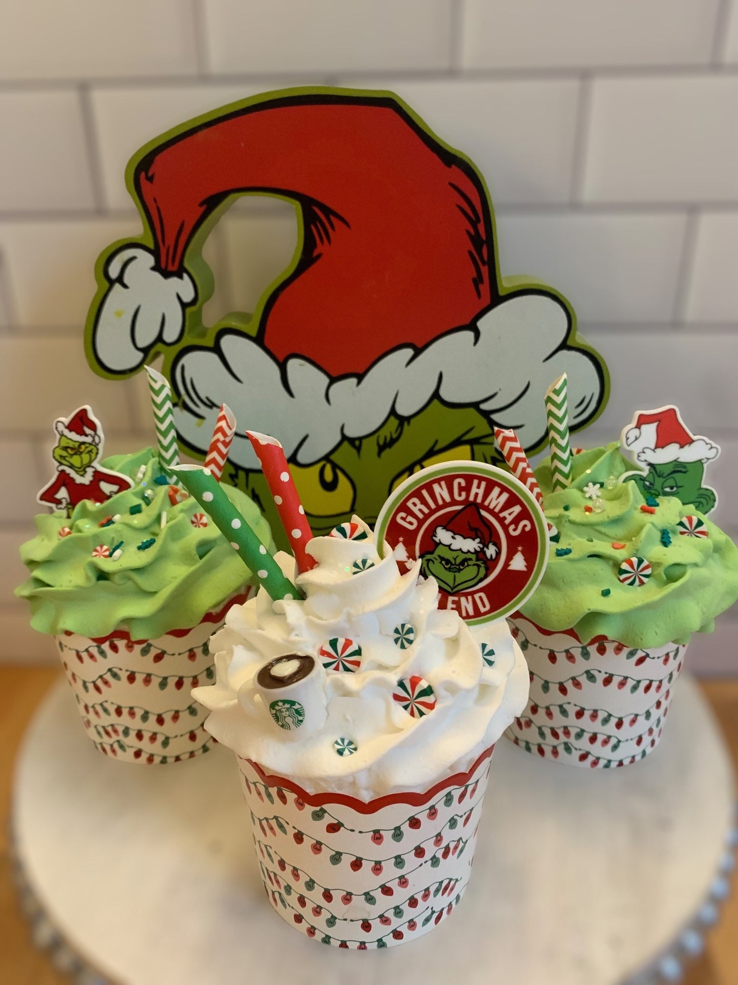 Christmas Decor- The Grinch Faux Cupcakes- Christmas Tiered Tray Decor- Food Props- Christmas gifts