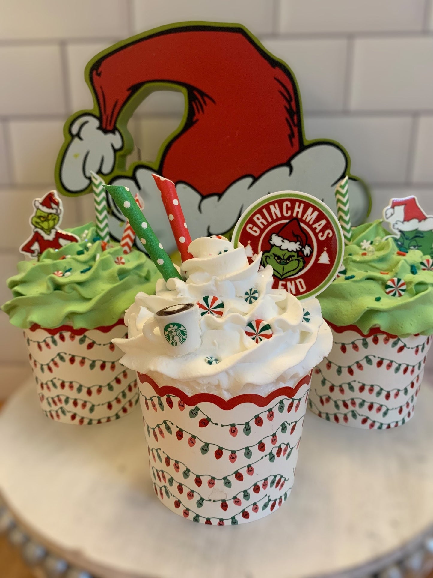 Christmas Decor- The Grinch Faux Cupcakes- Christmas Tiered Tray Decor- Food Props- Christmas gifts