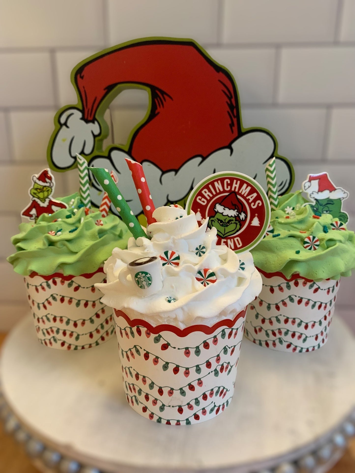 Christmas Decor- The Grinch Faux Cupcakes- Christmas Tiered Tray Decor- Food Props- Christmas gifts